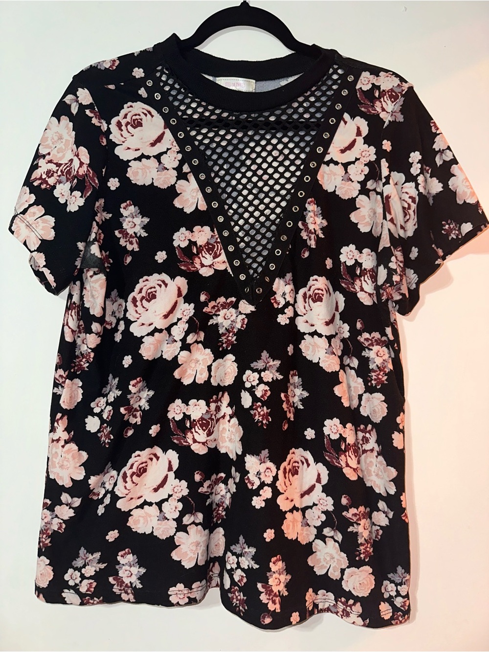 Stella Tweed Black Short Sleeve Floral Top with Pink Roses and Mesh V-Inset